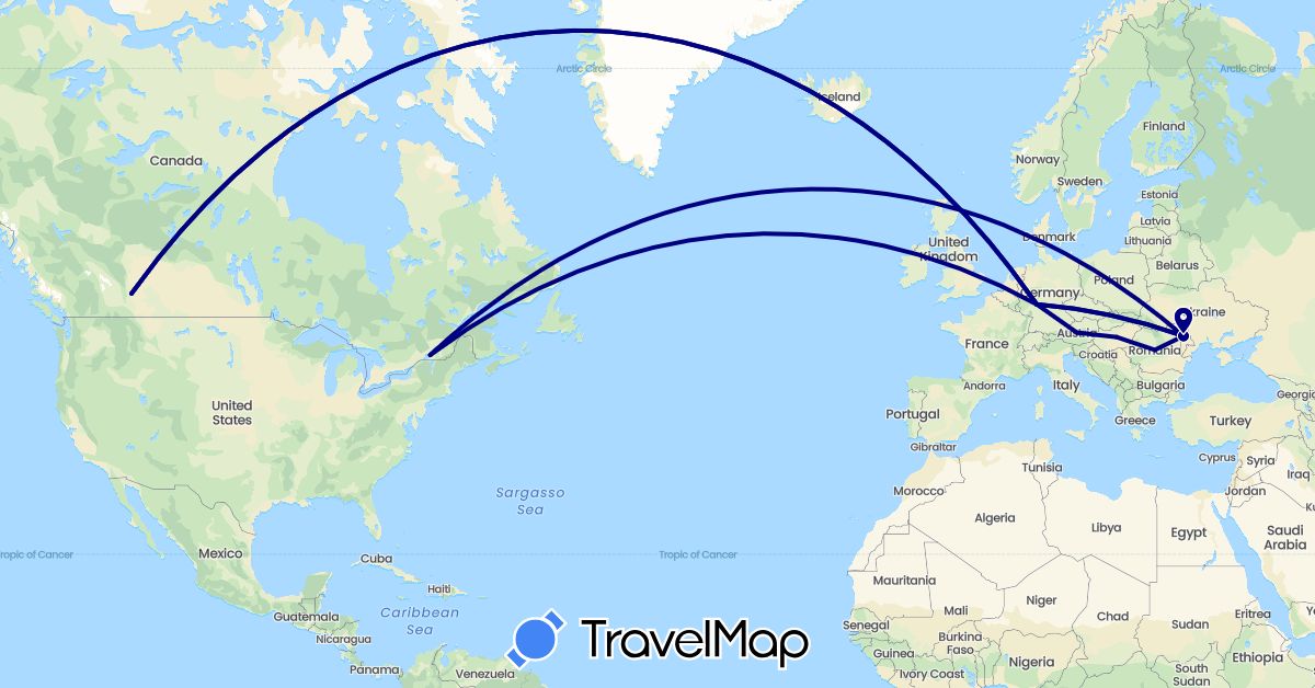 TravelMap itinerary: driving in Austria, Canada, Germany, Hungary, Moldova, Romania (Europe, North America)